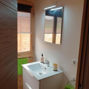 ein Badezimmer mit einem weißen Waschbecken und einem Spiegel in der Unterkunft Casa de la Vida Liebetruth B in Aspe