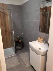 La salle de bains est pourvue d'un lavabo et d'une douche. dans l'établissement KaVi Apartments #3, TOP city view!, à Plzeň