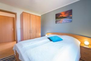 a bedroom with a bed with a blue pillow on it at Hoppenberg 5a in Zingst