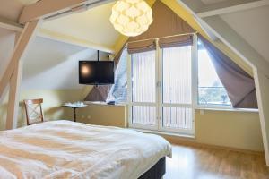 Schlafzimmer mit einem Bett, einem TV und Fenstern in der Unterkunft Pieters Huis in Kinrooi