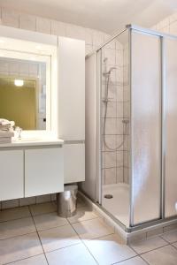 ein Bad mit einer Dusche und einem Waschbecken in der Unterkunft Pieters Huis in Kinrooi