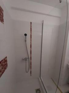 a shower in a bathroom with a glass wall at 2 rooms apartment Telecabinei Busteni in Buşteni +22 photos
