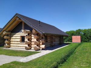 uma cabana de madeira com uma grande pilha de troncos em Naturstammhaus Tollensesee em Krickow