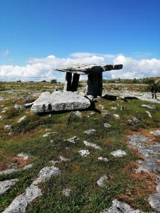 a stone bench sitting on top of a field at Puffin rooms in Lisdoonvarna