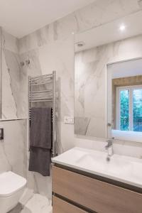 een badkamer met een wastafel, een toilet en een spiegel bij Apartamentos Bellas Artes in San Sebastian