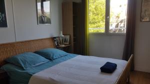Schlafzimmer mit einem Bett mit blauer Bettwäsche und einem Fenster in der Unterkunft Megalight II in Sèvres