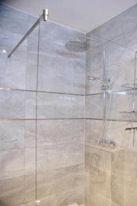a shower with a glass door in a bathroom at Fehmarn-OstseeferienStrandresidenz Vogelflug 14312 in Fehmarnsund