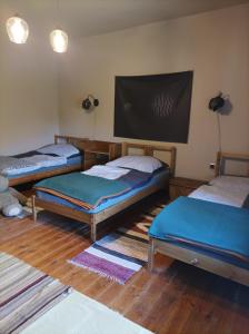 a room with three beds and a flat screen tv at Bakancstanya in Kétbodony
