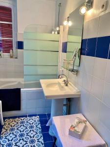 ein Bad mit einem Waschbecken und einem Spiegel in der Unterkunft Le Béarn sous les toits in Nay
