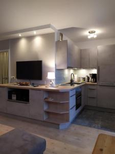 a large kitchen with stainless steel cabinets and a television at Appartement "Ostseeoase" in Heiligenhafen