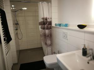 e bagno con doccia, servizi igienici e lavandino. di Komfort-Wohnung 03 FehmarnBrise a Burg auf Fehmarn