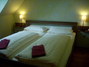 two twin beds in a bedroom with two lamps at Ferienhof Westermann Eulennest in Herßum