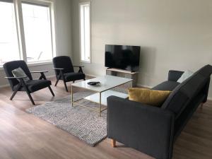 a living room with a couch and chairs and a television at Soda Home - Karlsbo, 24 h check in in Närpiö
