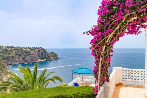 a view of the ocean from a balcony with flowers at Sobre de Granadella Haus 5 in Jávea