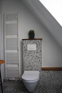 a bathroom with a toilet in a stair room at Ferienwohnung Austernfischer in Butjadingen