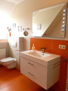 a bathroom with a sink and a toilet at Nordseekrabbe 12 Herrenhof in Wrixum