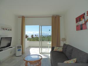 Apartment-Hotel Altamira في أديخي: غرفة معيشة مع أريكة وباب زجاجي منزلق