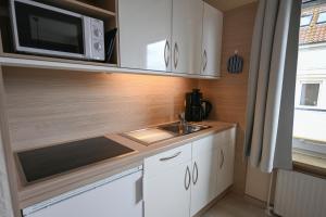 a kitchen with a sink and a microwave at Zur schönen Aussicht - FW 8 in Dahme