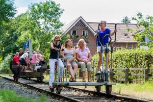 a group of people riding on a miniature train at Ferienhof Westermann Waldblick in Lähden