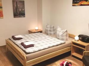 a bedroom with a bed with two night stands and two lamps at Ferienwohnung Kaltschmidt in Radebeul