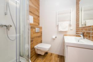 a bathroom with a toilet and a sink and a shower at Villa Kliwer 50 metrów od morza in Rowy