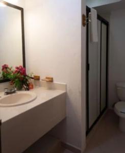 a bathroom with a sink and a toilet and a mirror at Casa Bonita and villas in Isla Mujeres