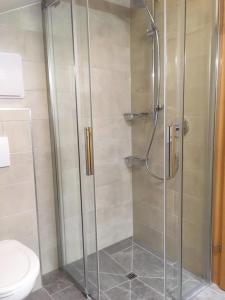 a shower with a glass door in a bathroom at Ski in out! Gemütliche Dachgeschosswohnung in Königsleiten