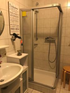 a bathroom with a shower and a sink at Schöne Auszeit RE14 in Sögel