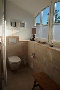 a bathroom with a toilet and a table and windows at Jolle in Zingst