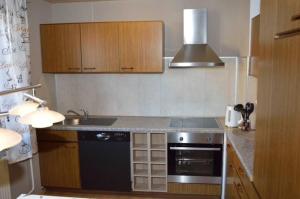 a small kitchen with a stove and a sink at Ferienwohnung Anita in Rulfingen