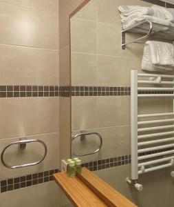 a bathroom with a mirror and a sink at Hotel Fluss Oase - Feldschlößchen in Weißenfels +21 photos