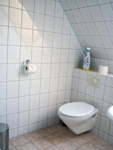 een witte badkamer met een toilet en een wastafel bij Ihrgistern, FW 3 in Zingst
