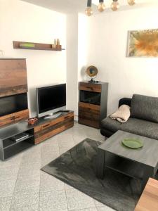 ein Wohnzimmer mit einem Sofa und einem Flachbild-TV in der Unterkunft Ferienwohnung Ilmradweg in Kranichfeld