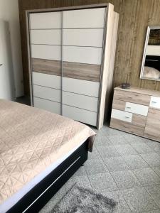 Schlafzimmer mit einem Bett, einer Kommode und einem Spiegel in der Unterkunft Ferienwohnung Ilmradweg in Kranichfeld