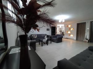 a living room with couches and a vase with a plant at MY HOME Trikala in Tríkala