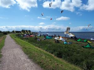 a group of people on the beach flying kites at Knusthof Lafrenz - Goldblick in Fehmarn