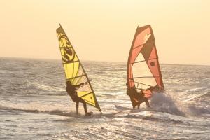 two people windsurfing in the ocean on the beach at Knusthof Lafrenz - Goldblick in Fehmarn