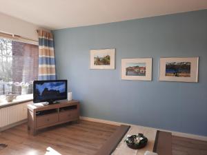 un soggiorno con TV a schermo piatto su una parete blu di Ferienwohnung Oelstorf a Eckernförde