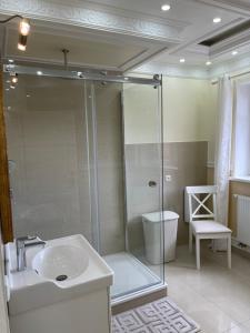 a bathroom with a glass shower and a sink at Zentrales Wohnen auf Zeit nähe Hauptbahnhof und Innenstadt in Lübeck +13 photos