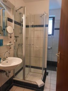 a bathroom with a shower and a sink at Nielsen Apartment 1 in Hüsby