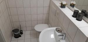 a white bathroom with a toilet and a sink at Seestraße 71 Ap 7 in Zingst