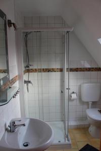 ハイリゲンハーフェンにあるFerienwohnung "Strand Hus 2"のバスルーム(シャワー、洗面台、トイレ付)