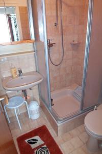 ein Bad mit einer Dusche, einem Waschbecken und einem WC in der Unterkunft Haus Delfin Fewo 4 in Dahme