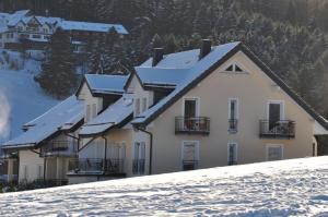 ein Gebäude mit schneebedeckten Dächern auf einem verschneiten Hügel in der Unterkunft die Großzügige in Willingen