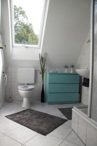 uma casa de banho com um WC, um lavatório e uma janela em Ferienwohnung weißes Haus em Meeschendorf