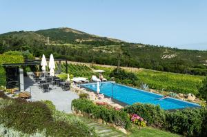 Quinta Vale da Roca في سينترا: مسبح وكراسي ومظلات بجانب جبل