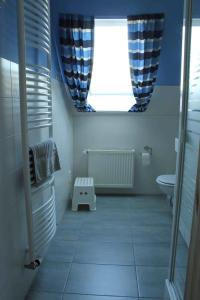 a small bathroom with a toilet and a window at Haus Wildgans - Ferienwohnung Sonnenblume in Behrensdorf