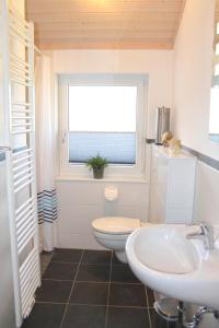 a bathroom with a toilet and a sink and a window at "Ferienhaus II - Hof Westensee" in Grömitz