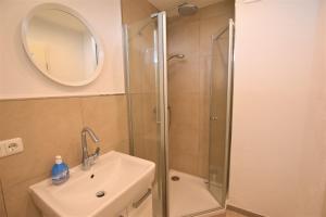 a bathroom with a shower and a sink and a mirror at FeWo Am Sturmweg 6 Whg27 Meerblick in Süssau
