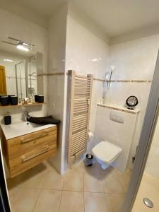 ブレーマーハーフェンにあるCOAST HOUSE Havenquartierのバスルーム(トイレ、洗面台、鏡付)